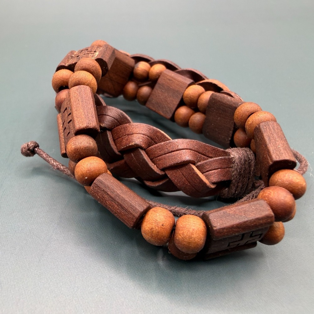 Set of 2 Brown Wooden Bead Braided Cord Cross Bracelets Boho Christian Gift Men - Picture 10 of 17
